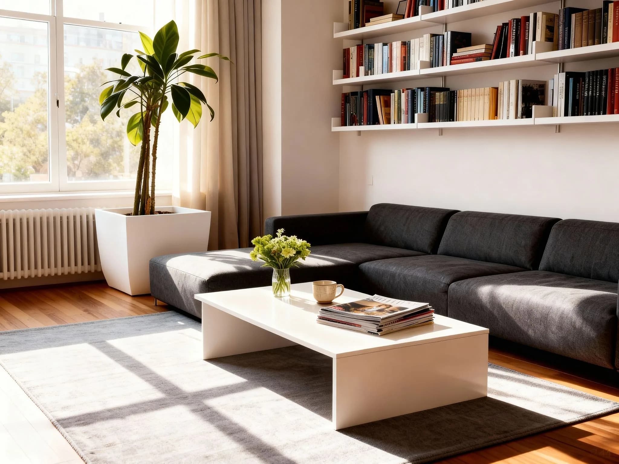 Modern living room with black sectional sofa, white coffee table, floating bookshelf, potted plant, and natural light from large window