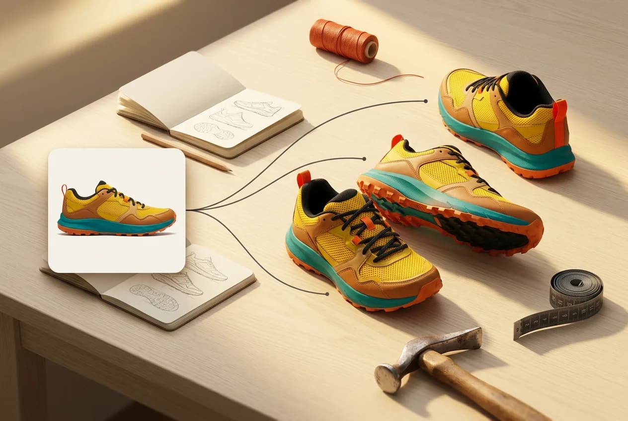 Yellow and orange trail running shoe design with blue accents on wooden desk, surrounded by sketches, measuring tape, and design tools