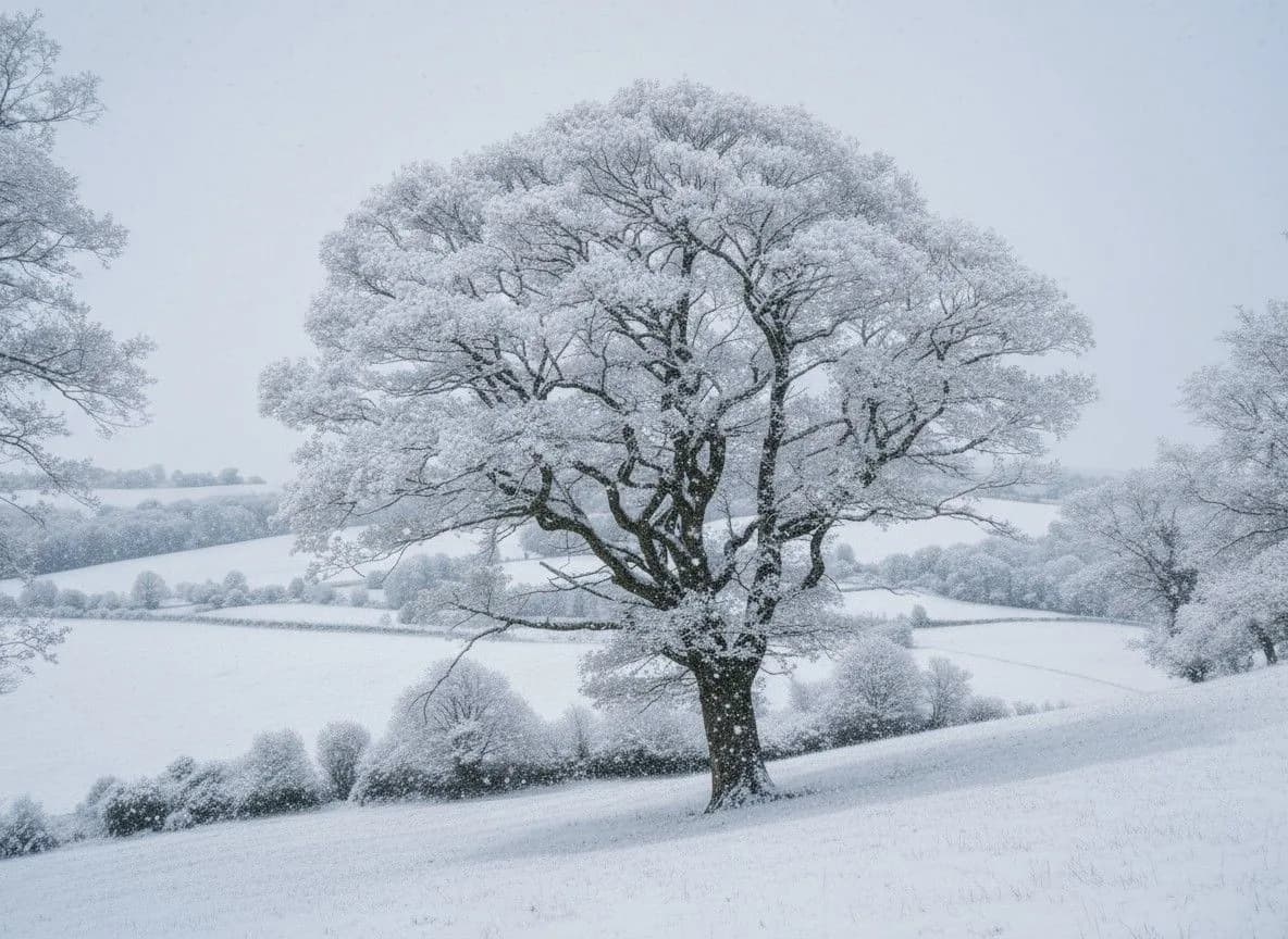 Majestic frost-covered oak tree in snowy winter landscape with rolling fields and hedgerows