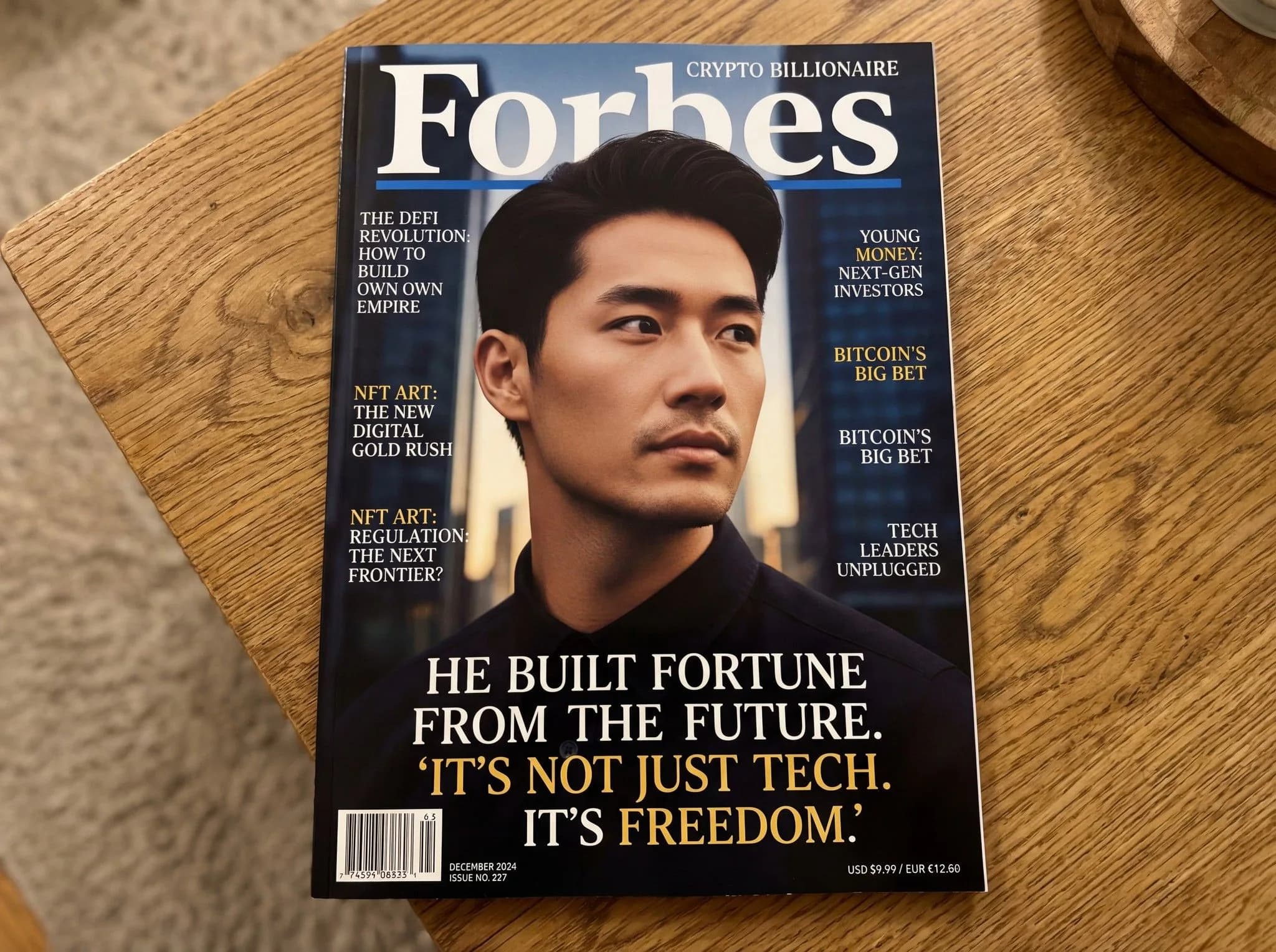 Forbes magazine December 2024 cover featuring crypto billionaire entrepreneur with headline about building fortune from future and tech freedom