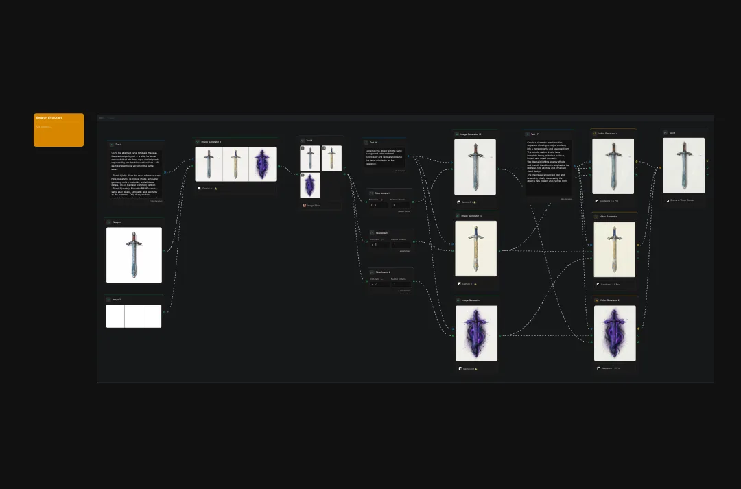 Dark design flowchart showing sword concept development with multiple variations including ornate crosses and purple ethereal elements connected by dotted lines