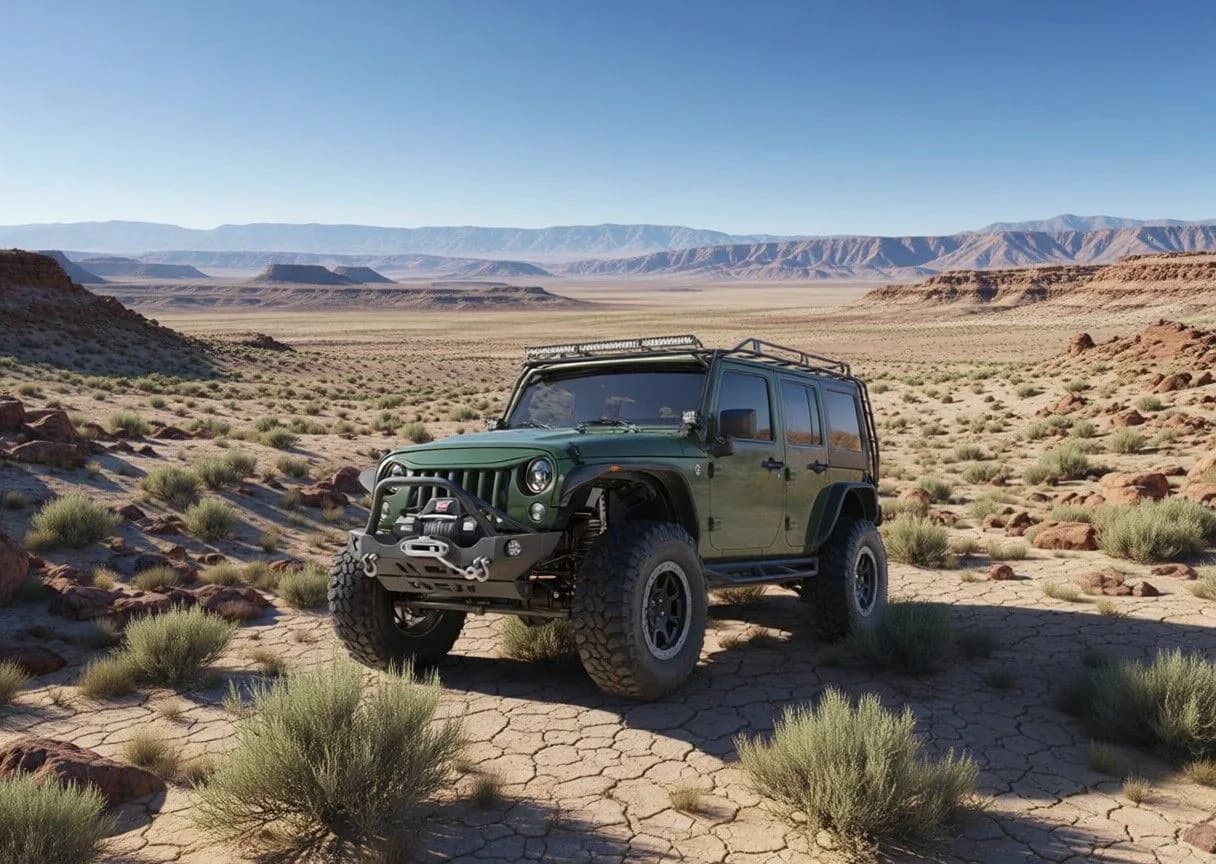 Modified green Jeep Wrangler with roof rack on cracked desert terrain, surrounded by scrub brush and distant mountain ranges under clear blue sky