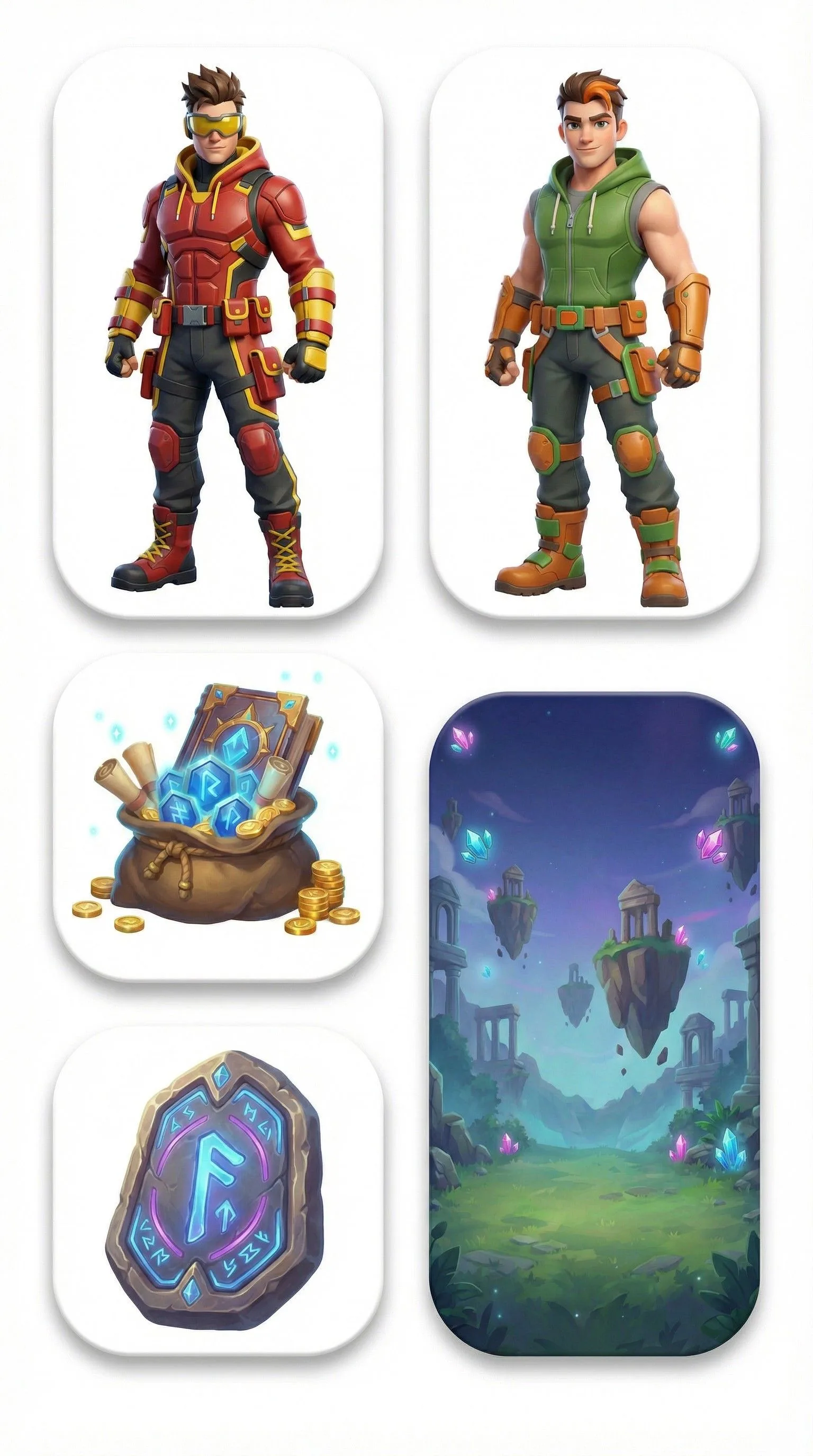 Game character designs with red and green armored heroes, magical treasure bag with coins, glowing rune stone, and fantasy landscape with floating islands and crystals