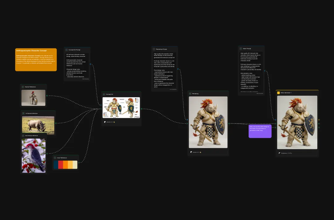 Fantasy character design moodboard showing warrior character development with reference images, color palettes, and design iterations on black background