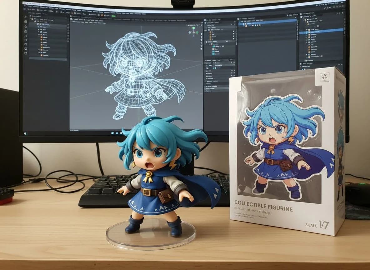 Blue-haired anime character figurine displayed on desk with 3D model wireframe on curved monitor screen and collectible box