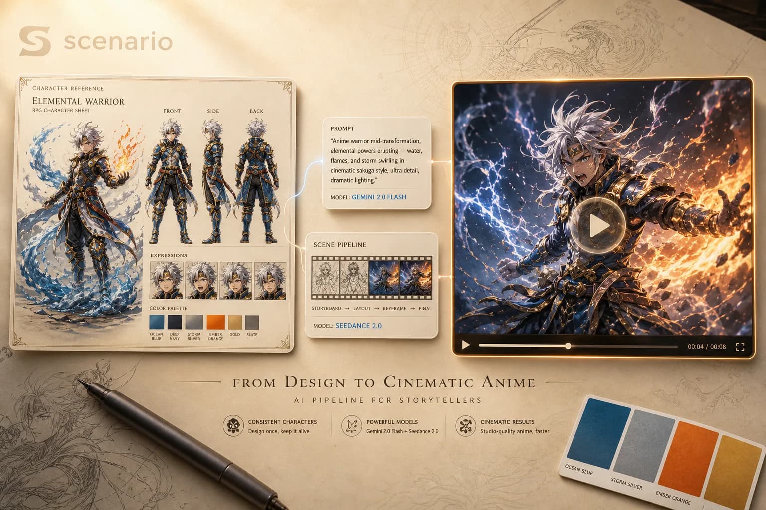 Elemental warrior character sheet with front, side, back views, color palette, and cinematic anime transformation video using AI art generation tools