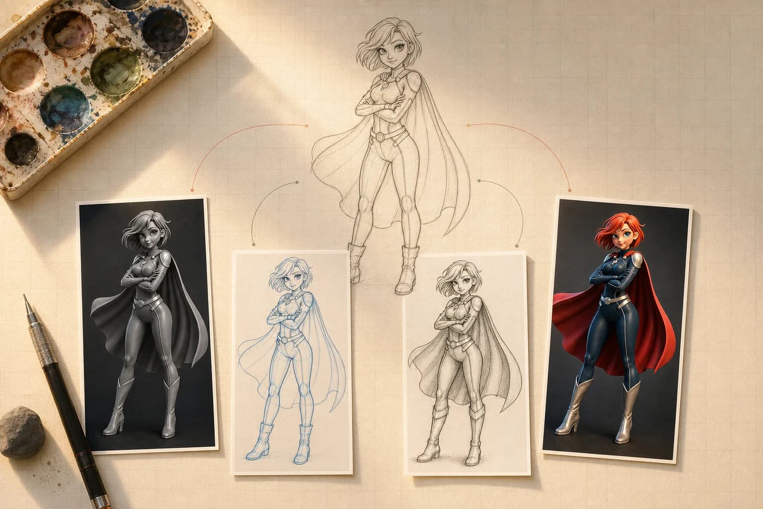Anime superhero character design sketches showing female hero in cape with pencil drawings and colored illustrations on art desk