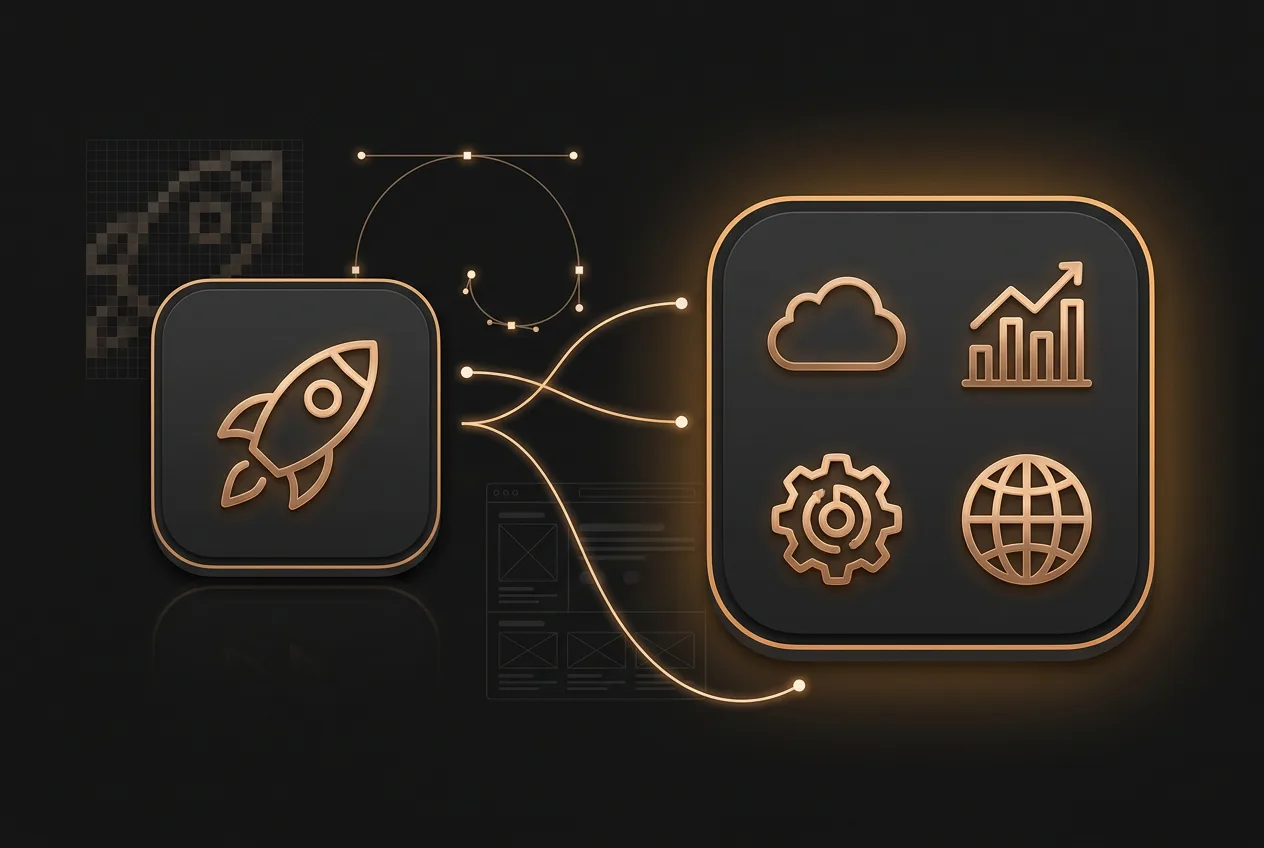 Neon gold icons showing rocket launch, cloud computing, growth analytics, gear settings, and global network on dark background