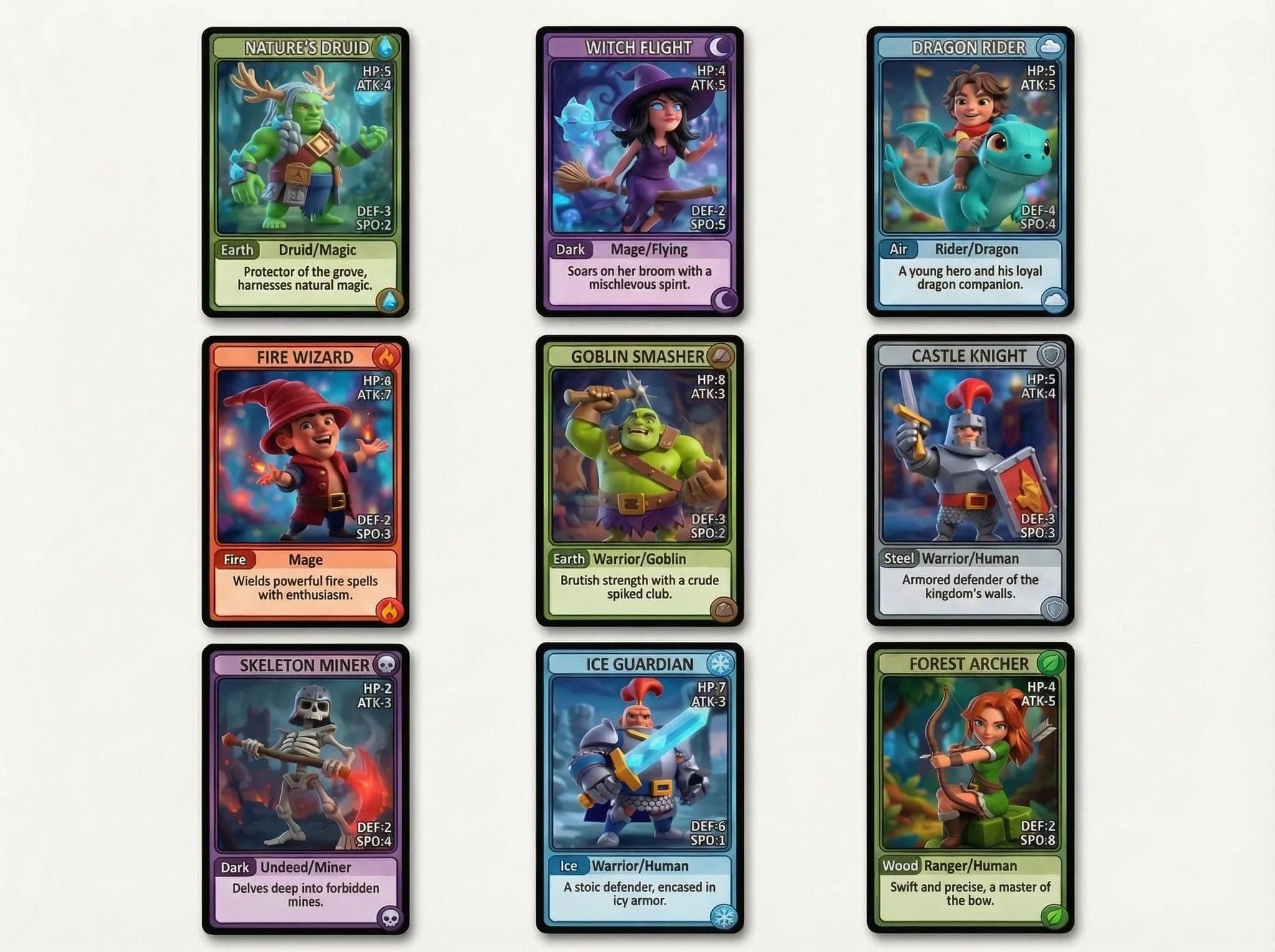 Collection of nine fantasy trading cards featuring game characters including Nature's Druid, Witch Flight, Dragon Rider, Fire Wizard, Goblin Smasher, Castle Knight, Skeleton Miner, Ice Guardian, and Forest Archer with stats and abilities.