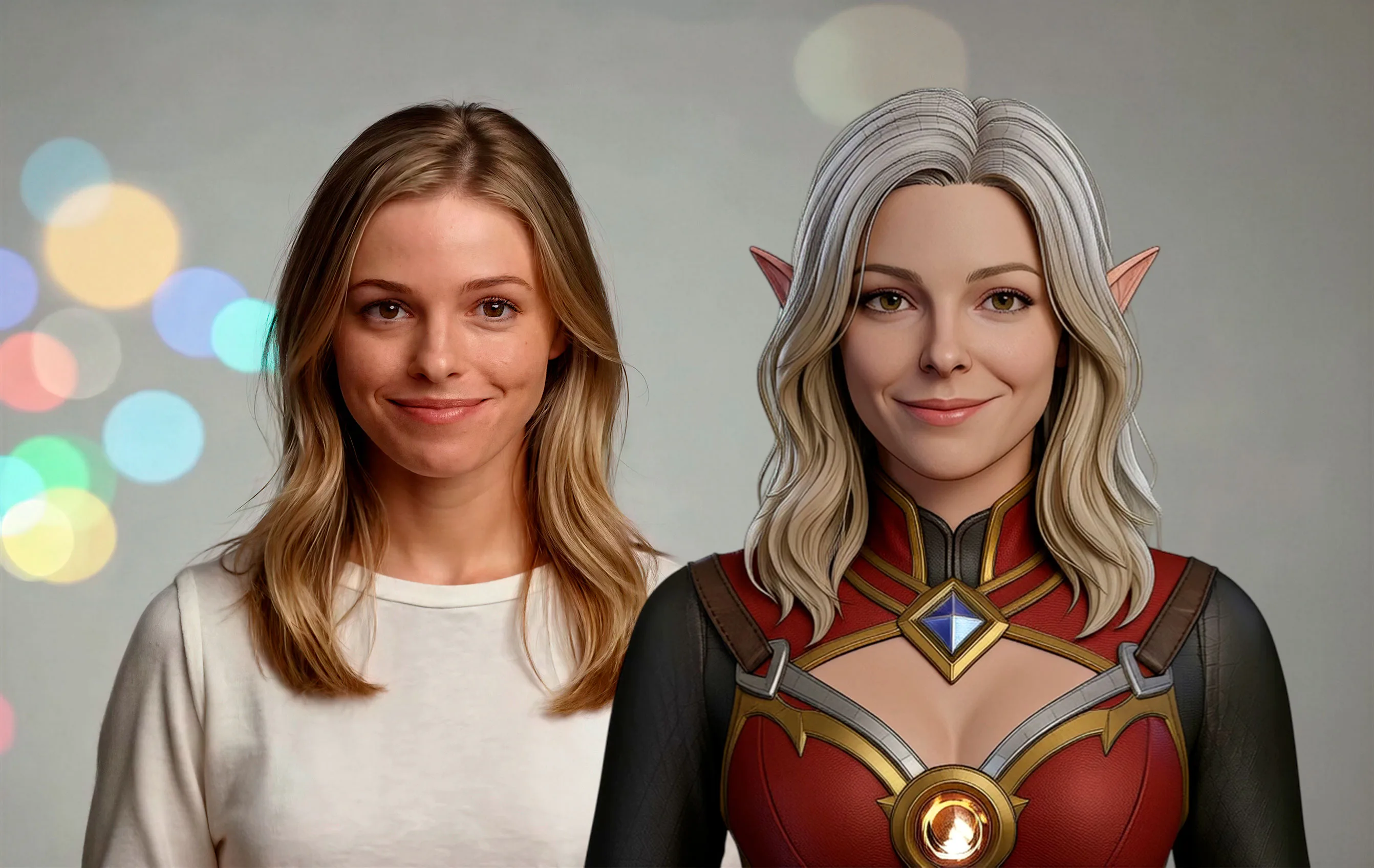 Woman with brown hair in white shirt next to fantasy elf character with silver hair, pointed ears, and red warrior costume with gold accents