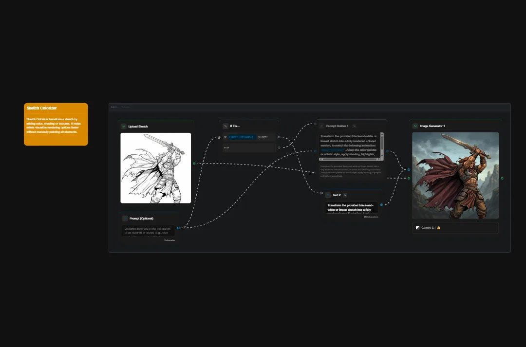 Sketch Colorizer AI interface showing sketch-to-art transformation workflow with character drawings and generated fantasy artwork