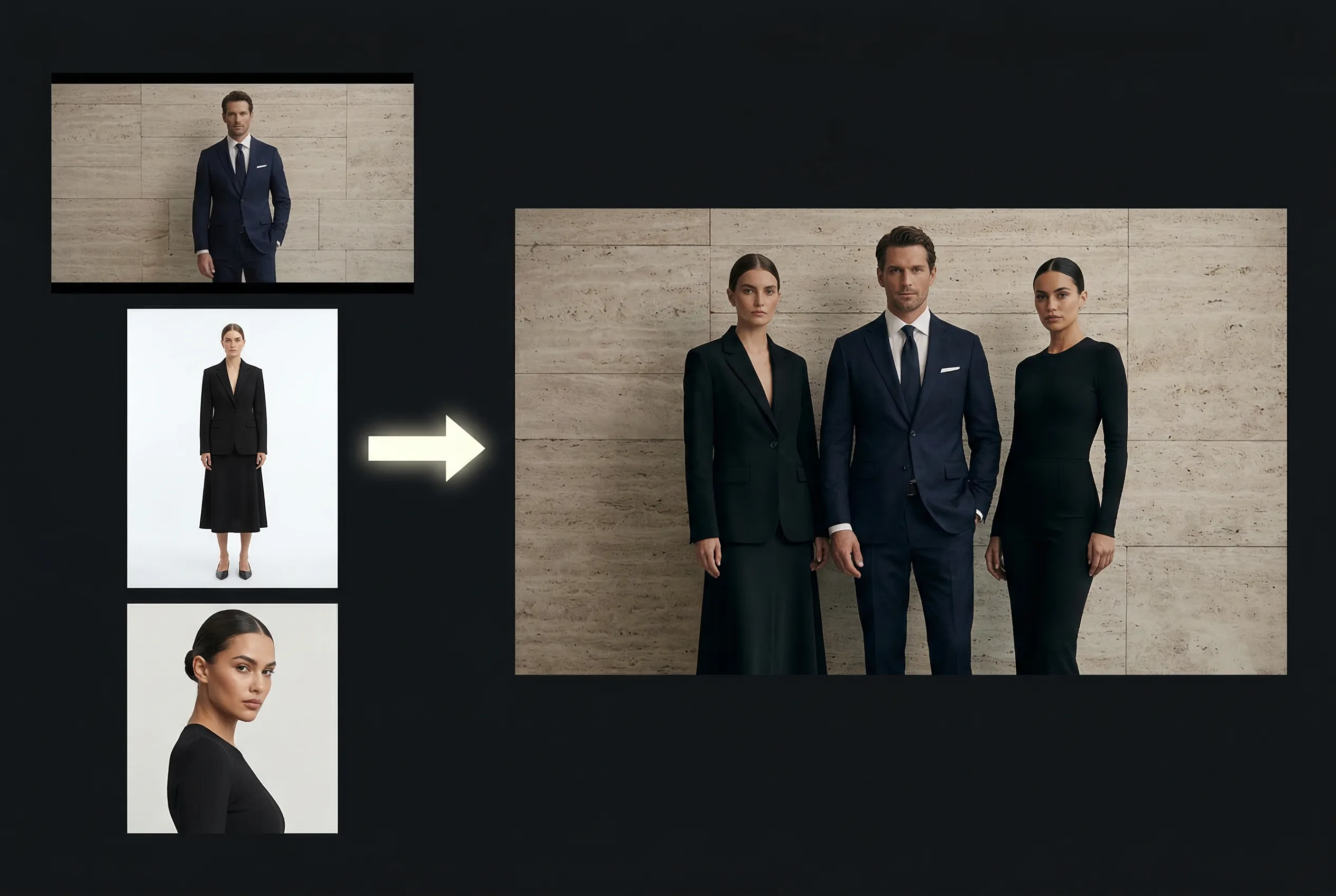 Three professional business executives in formal attire standing against textured wall backdrop, wearing navy and black blazers for corporate team portrait