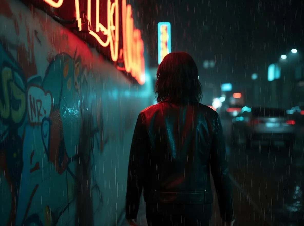 Woman with dark hair standing in rain under red and blue neon signs on wet cyberpunk city street at night with graffiti