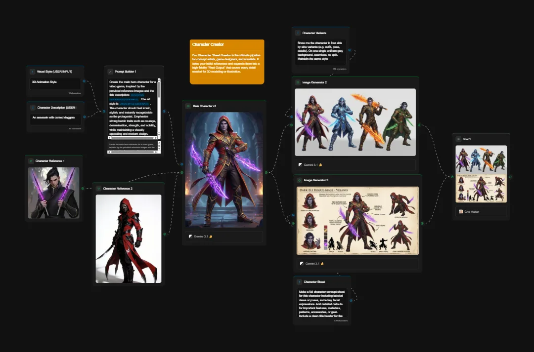 Fantasy RPG character design sheet with multiple character variations, armor styles, and concept art examples in vibrant purple and gold tones