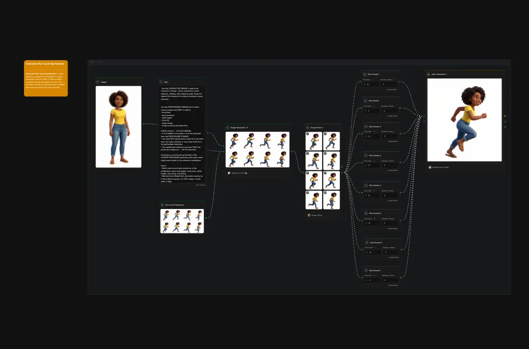 Character animation sprite sheet showing running cycle poses and design system documentation for female character in yellow top and blue pants