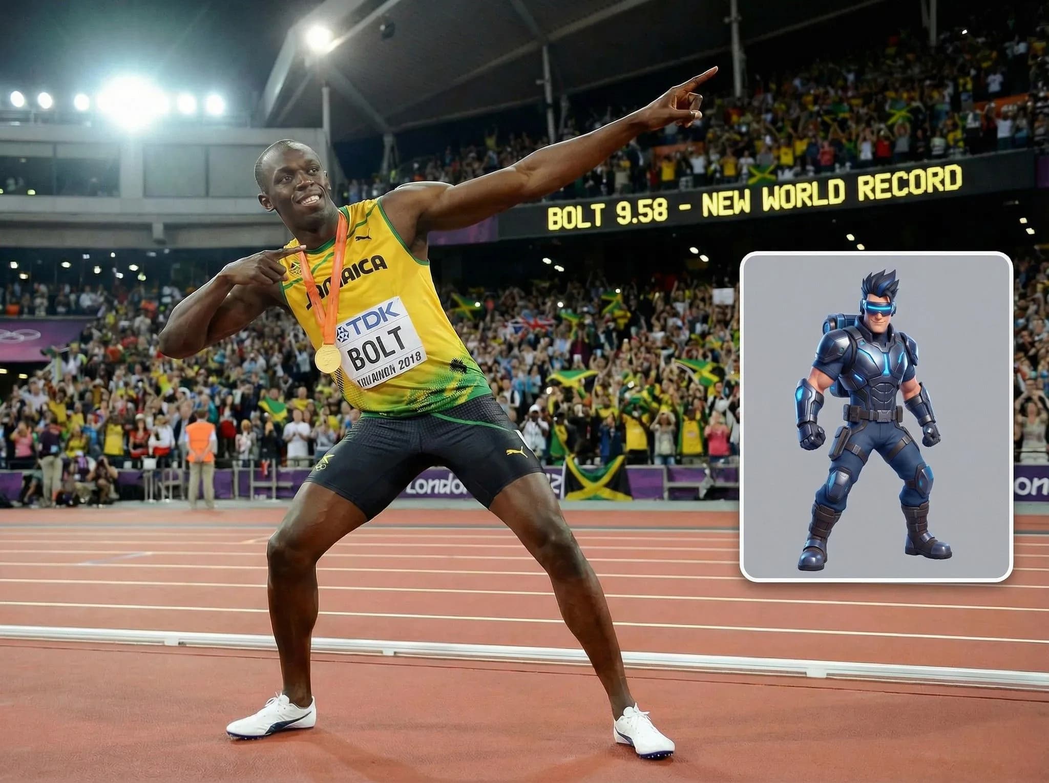 Jamaican sprinter Usain Bolt celebrates 9.58 world record in yellow Jamaica uniform at stadium track with cheering crowd