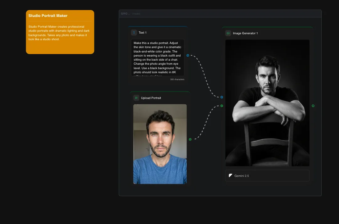 AI studio portrait maker interface showing before-and-after portrait transformation with professional black and white studio lighting effect