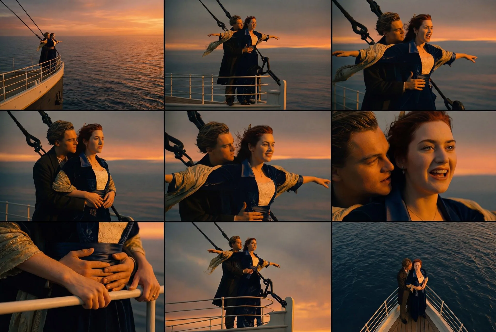 Couple recreating iconic Titanic bow scene at sunset on ship deck with golden hour sky and ocean backdrop
