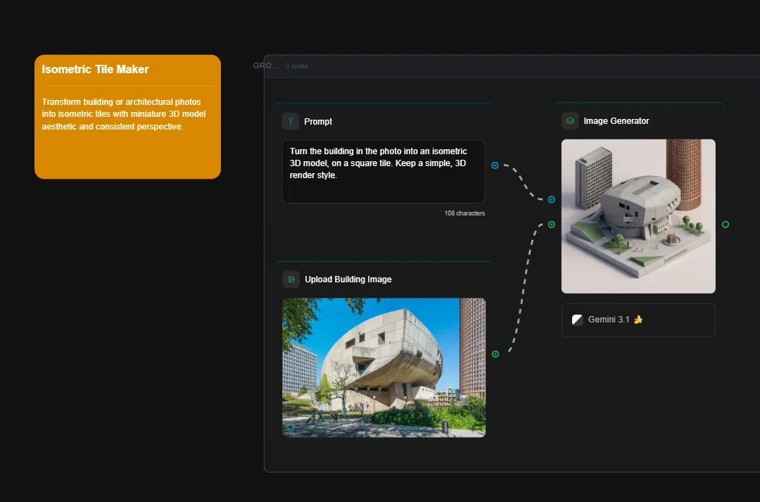 Isometric Tile Maker AI tool interface showing architectural photo converted to 3D isometric model on square tile with Gemini 3.1