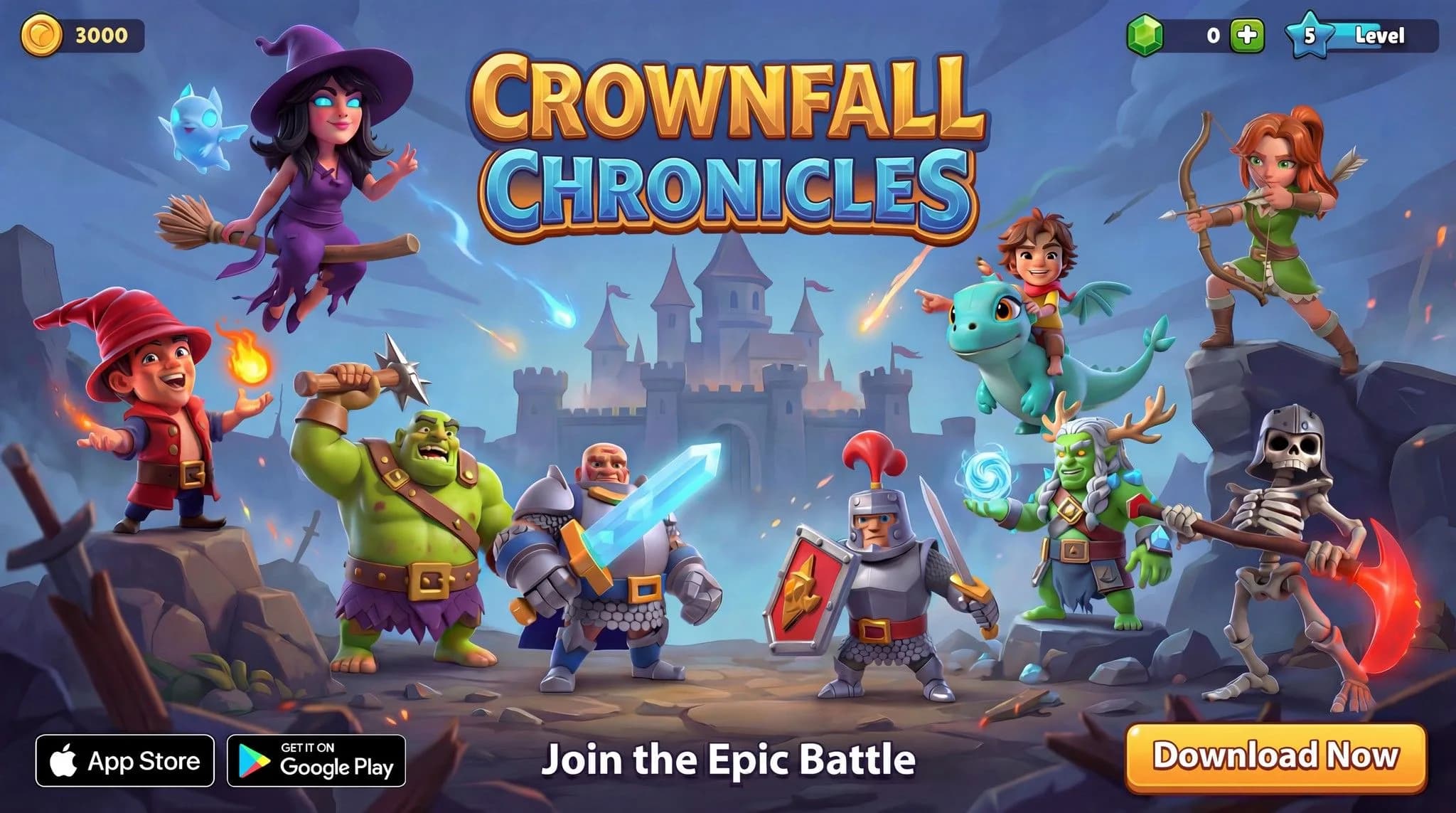 Crownfall Chronicles mobile game featuring diverse fantasy characters including wizard, warrior, archer, and monsters battling near a medieval castle