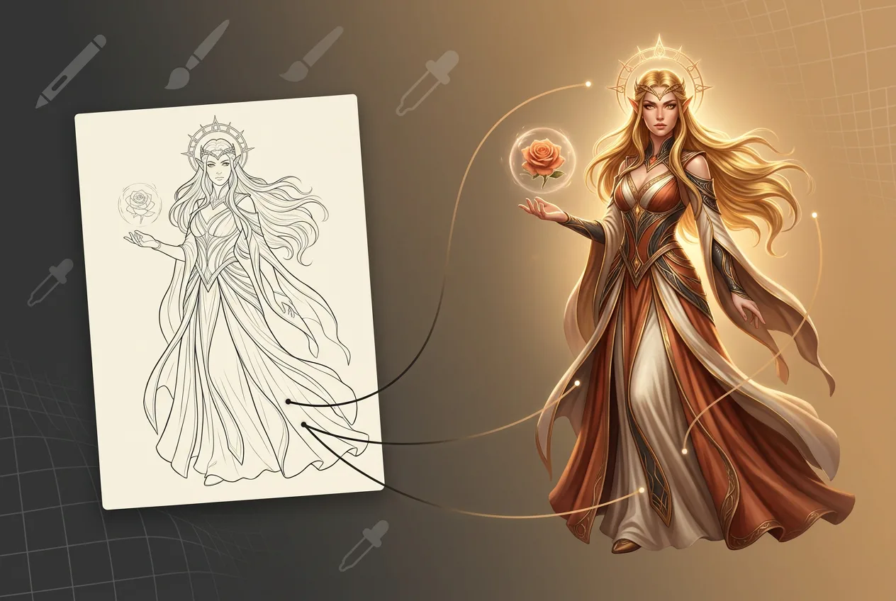 Fantasy goddess character with golden halo and flowing auburn hair holding a glowing rose, shown as line sketch and colored digital illustration