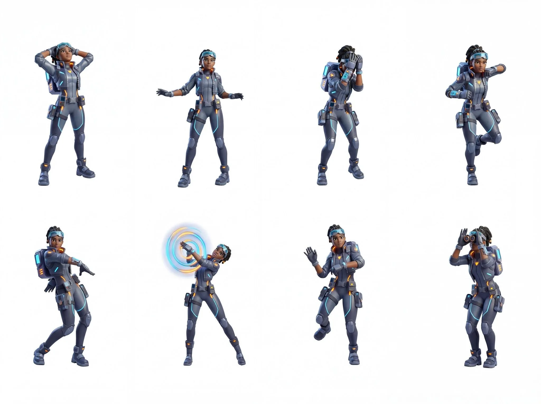 Female game character in blue tactical suit shown in 8 different action poses and animations including running, aiming, shield ability, and combat stances