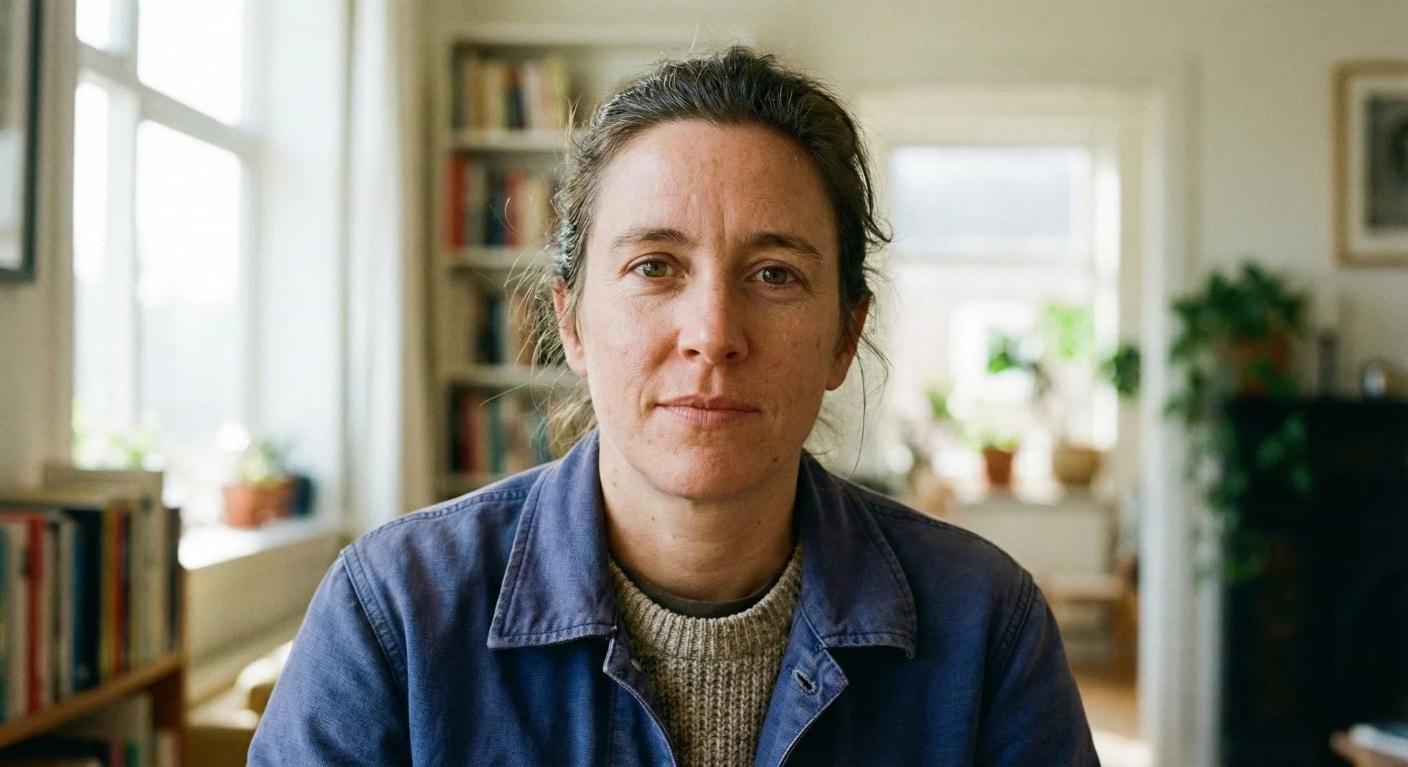 Portrait of a woman with pulled-back hair wearing a blue denim shirt and tan sweater, standing indoors with bookshelves and potted plants in a bright, naturally lit home library setting.