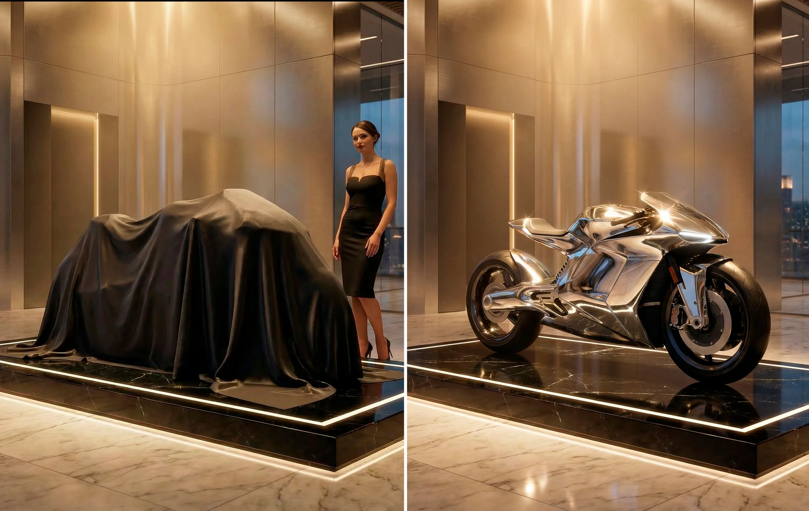 Woman in black dress standing beside luxury chrome motorcycle in modern minimalist showroom with golden lighting and marble floors