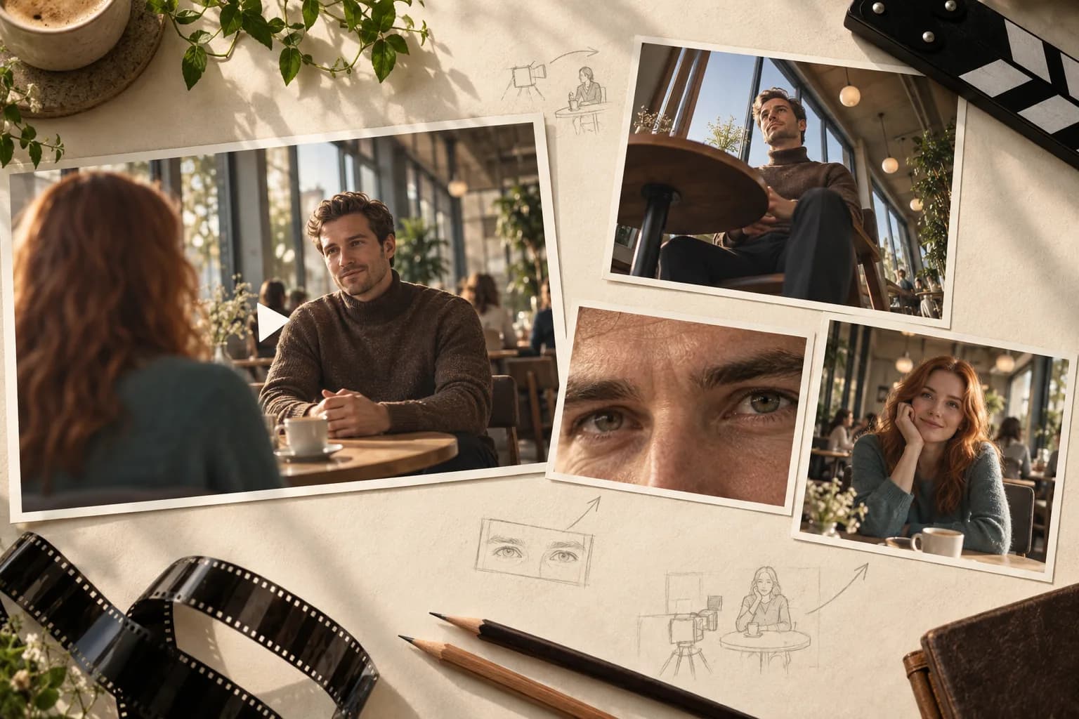 Director's mood board with film stills, casting photos of male and female actors in cafe setting, sketch drawings, film strips, and production notes on white surface