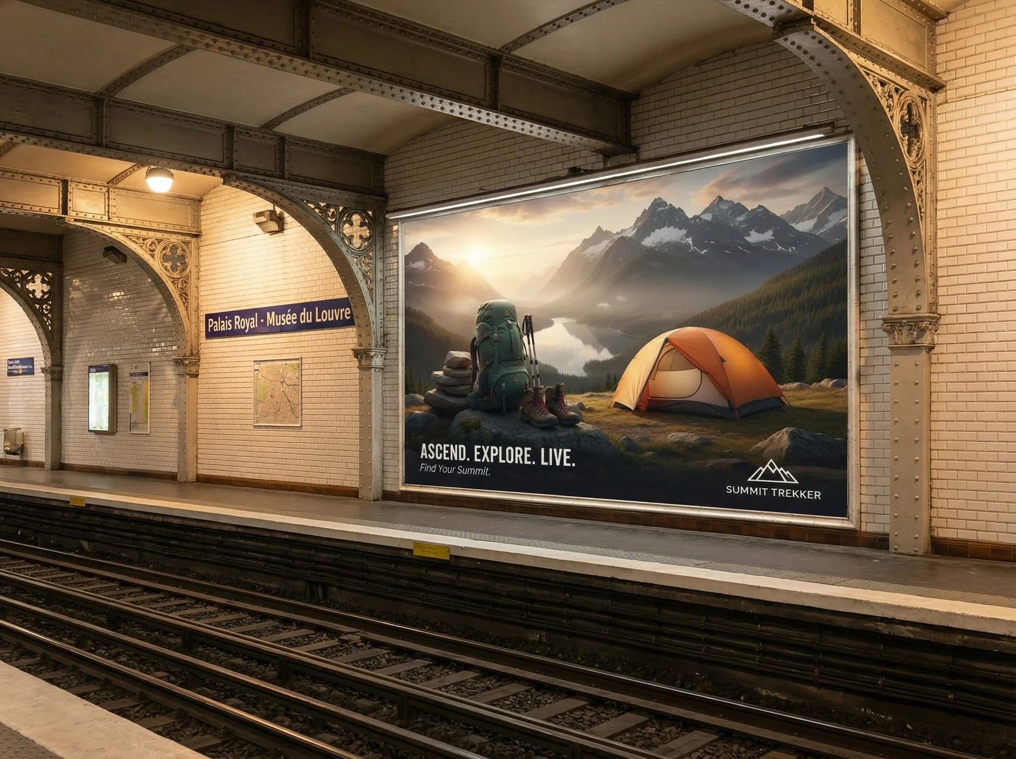Summit Trekker hiking adventure billboard at Palais Royal Musée du Louvre Paris Metro station featuring orange tent, mountain peaks, and 'Ascend Explore Live' tagline