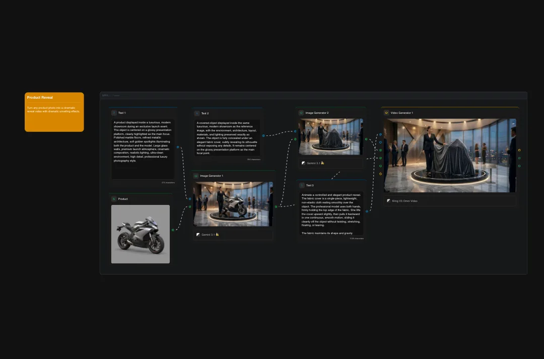 Product design UI showing motorcycle imagery, generative AI tools, and design process workflow with visual generators and video creation interface
