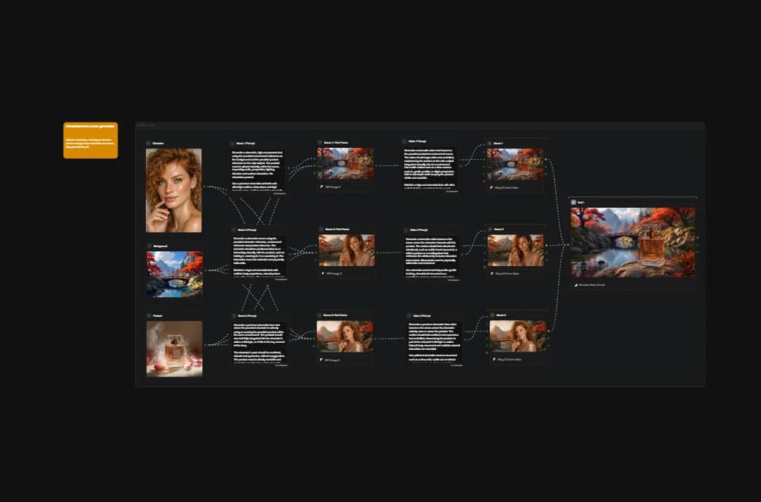 AI portrait generation workflow diagram showing process steps for creating beauty retouching and landscape compositing with before and after comparisons