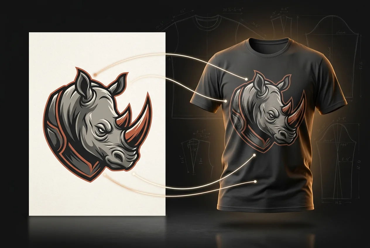 Rhino head logo design on black t-shirt mockup with detailed illustration showing orange and gray color scheme