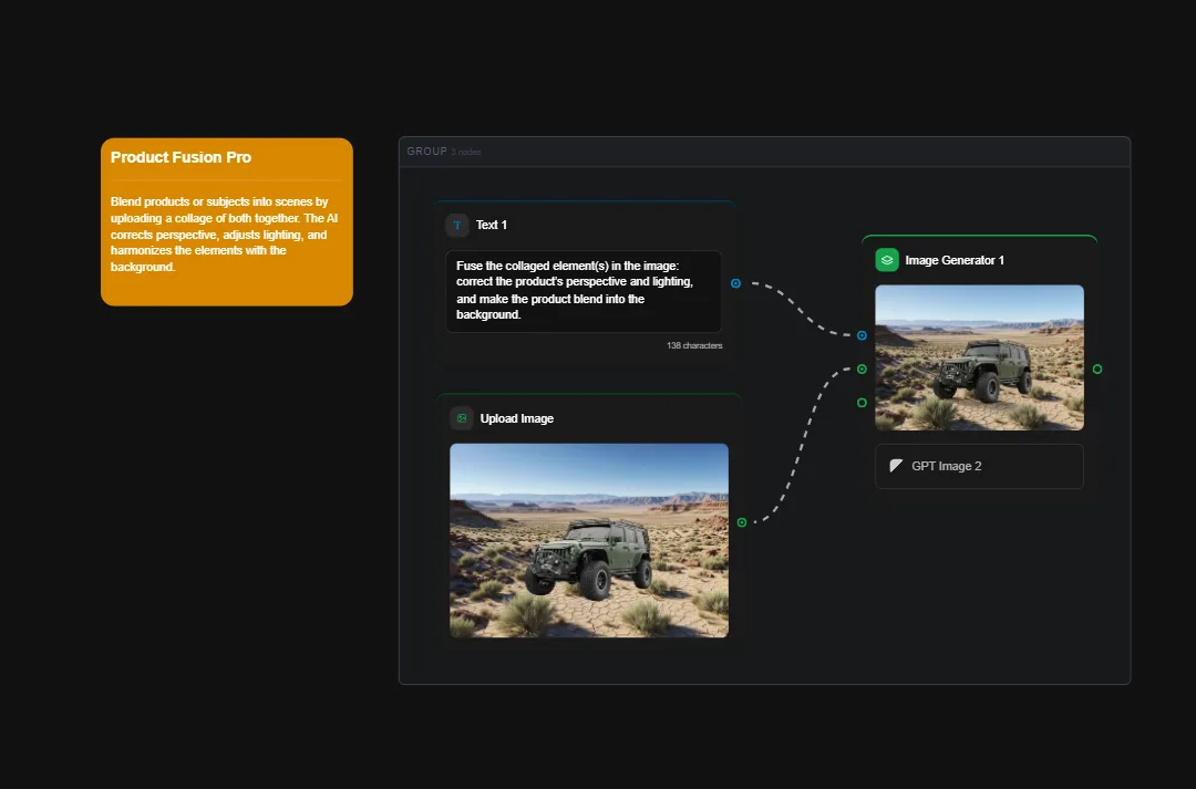 Product Fusion Pro AI tool interface showing military vehicle desert scene blending and image generation workflow