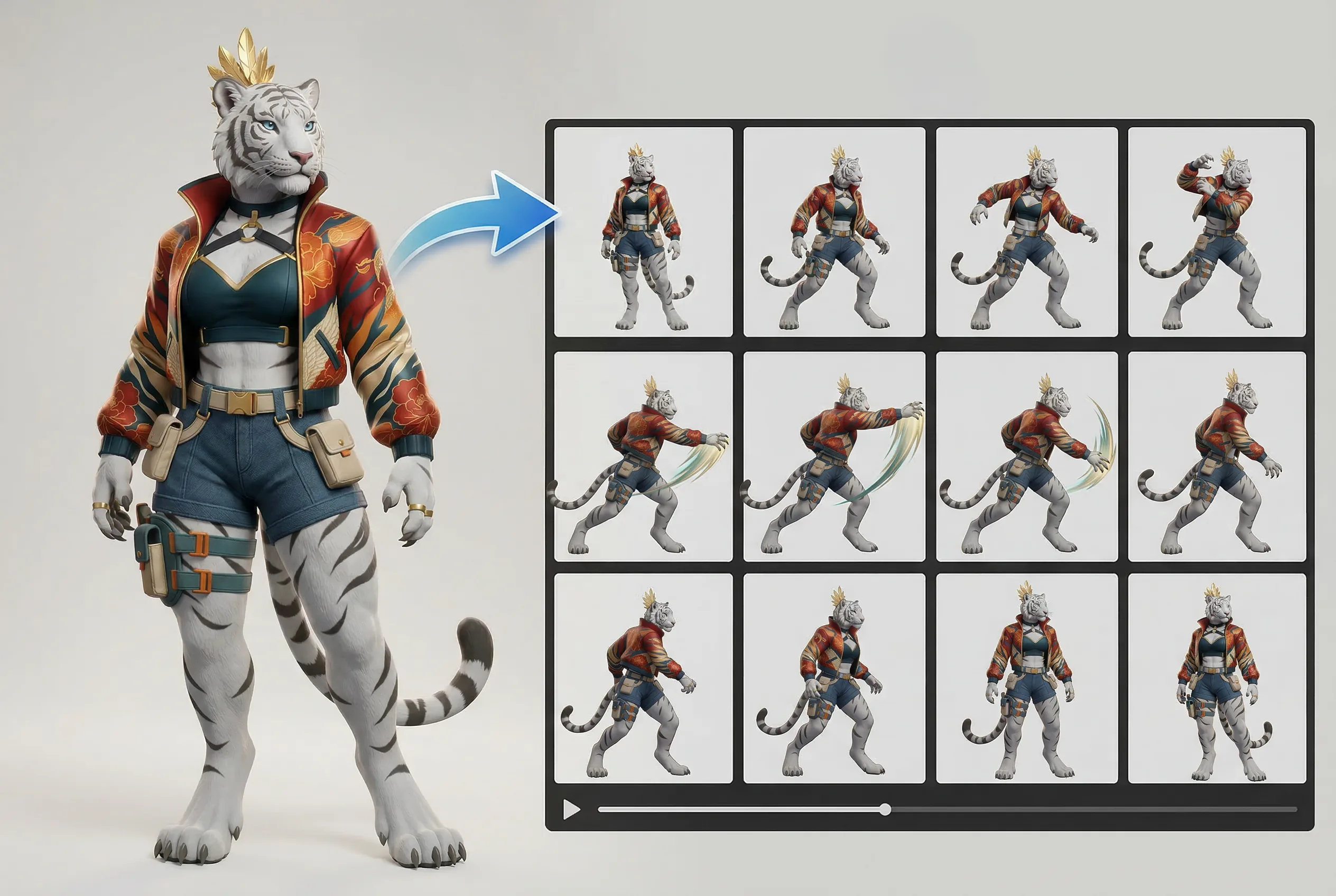 Tiger warrior character with golden crown and red armor in multiple action animation poses for game development