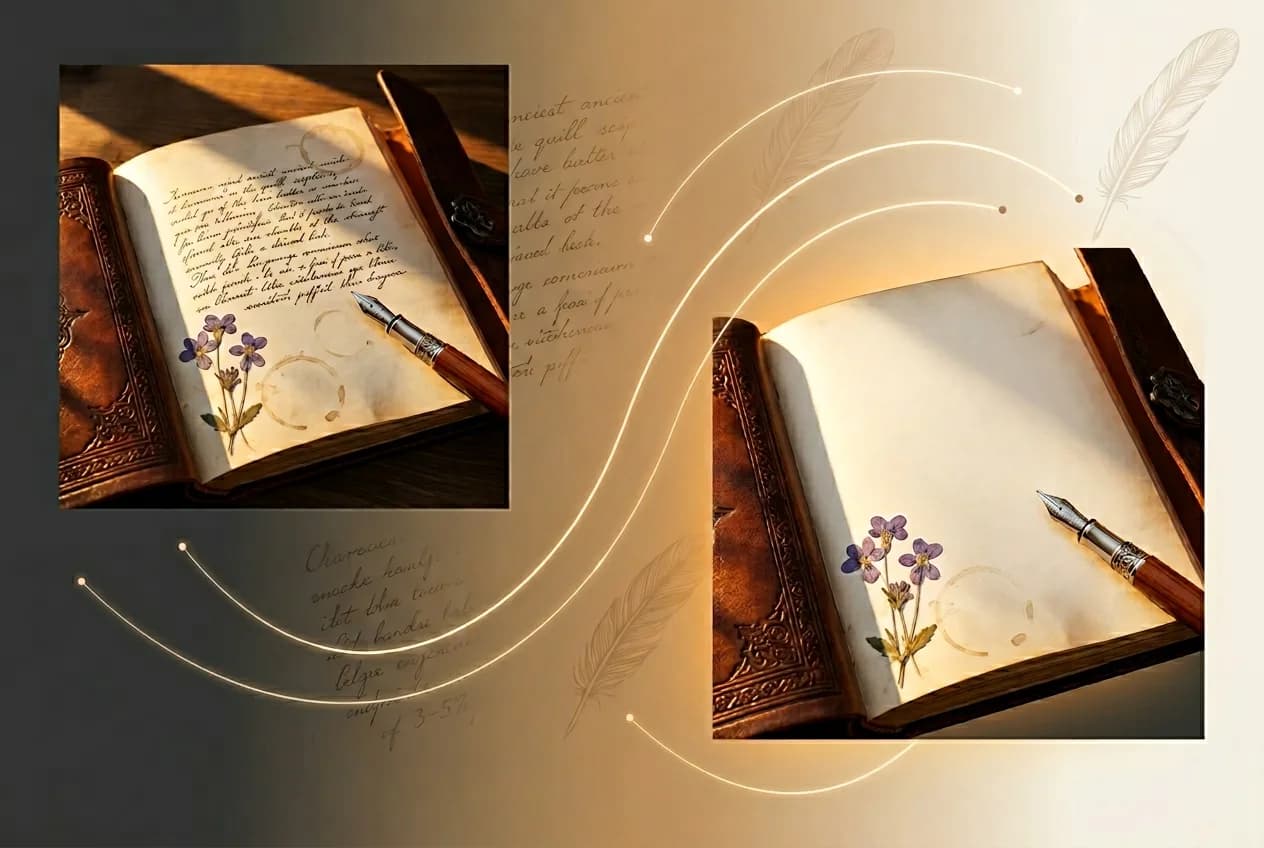 Vintage leather-bound journal with handwritten calligraphy, purple flowers, fountain pen, and feather quill on warm toned background