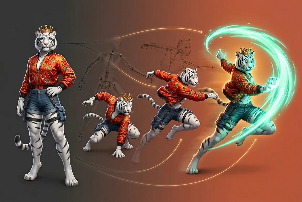 Anthropomorphic tiger warrior character design sheet showing standing pose and action animation frames wearing red ornate jacket and crown with glowing green magic effects