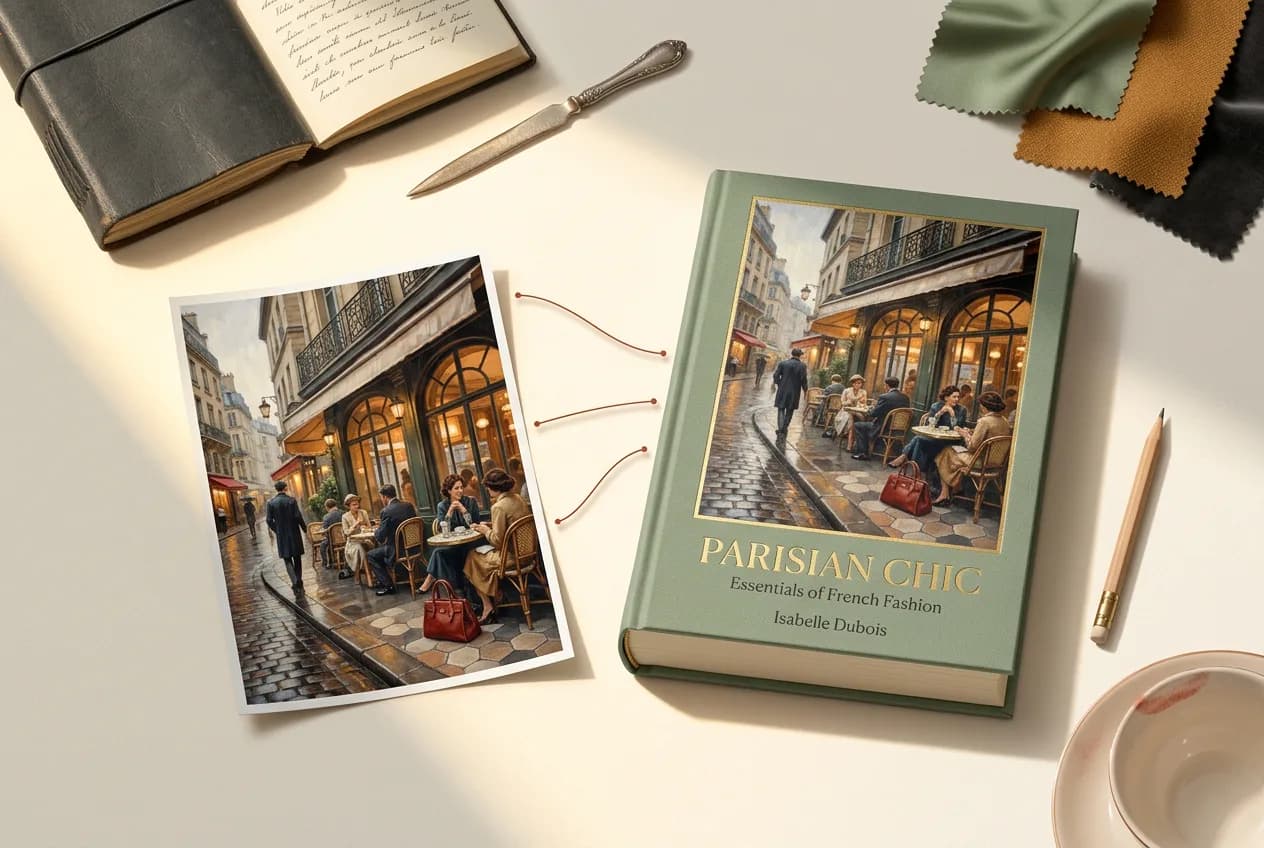 Parisian Chic fashion book with French street cafe scene artwork, displayed with vintage leather journal, silver pen, and fabric swatches on light surface