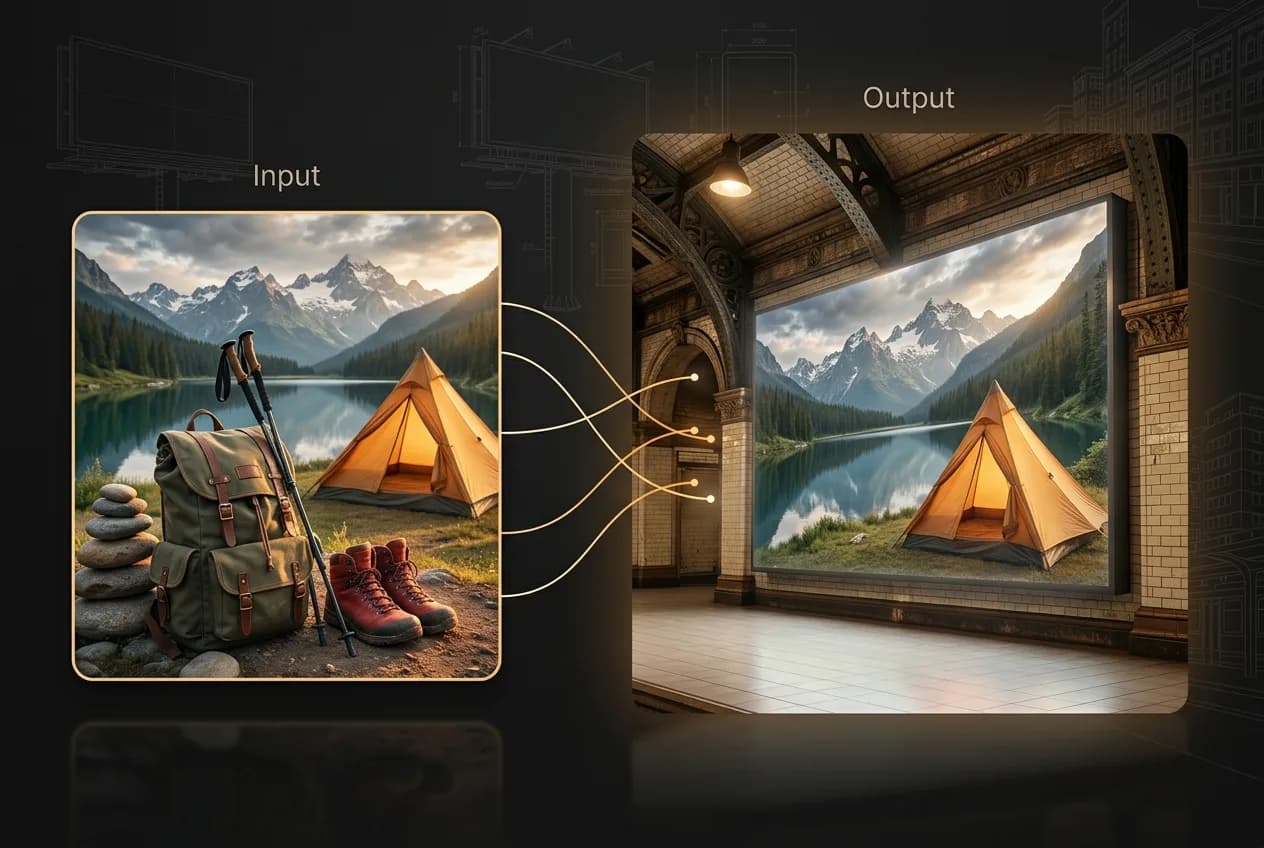 Camping scene with orange tent and backpack displayed on large cinema screen in ornate theater building interior