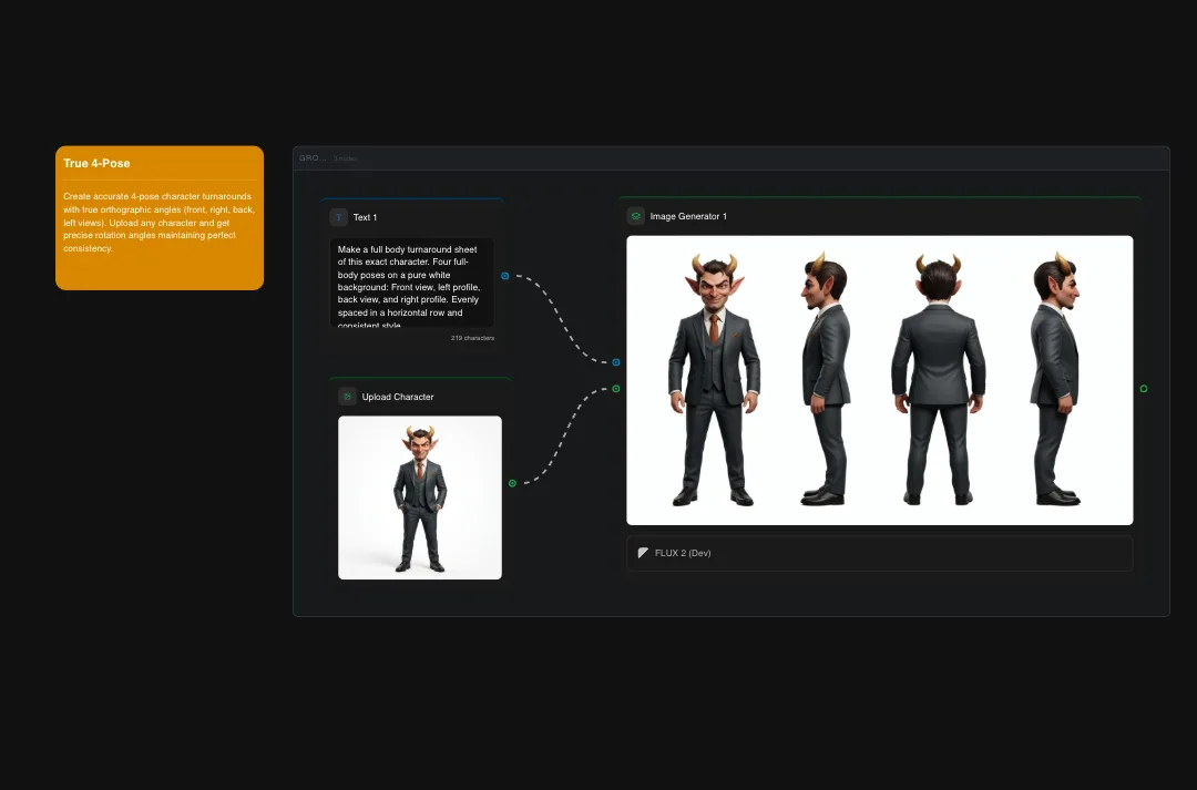 Demon character in black business suit shown in four-pose turnaround: front, side, back, and profile views with precise rotation angles for character design consistency