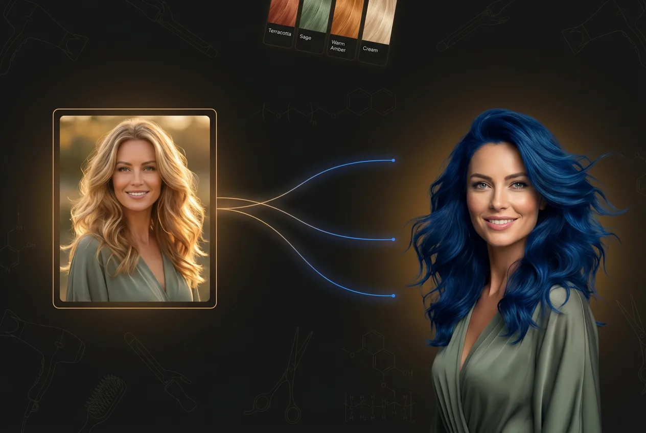 AI hair transformation preview showing blonde wavy hair on left changing to vibrant blue hair on right with color palette options at top