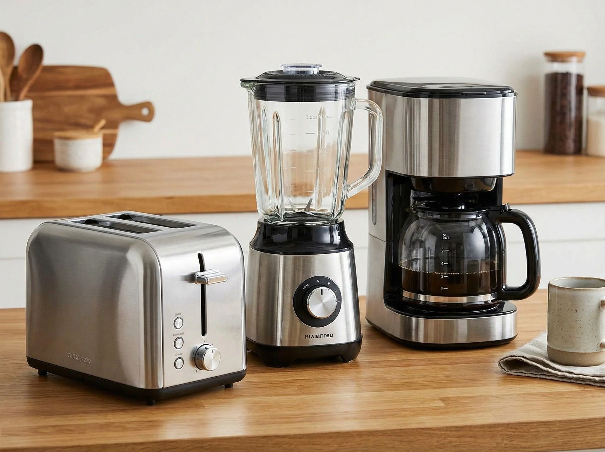 Modern stainless steel kitchen appliances including toaster, blender, and coffee maker on wooden counter with accessories