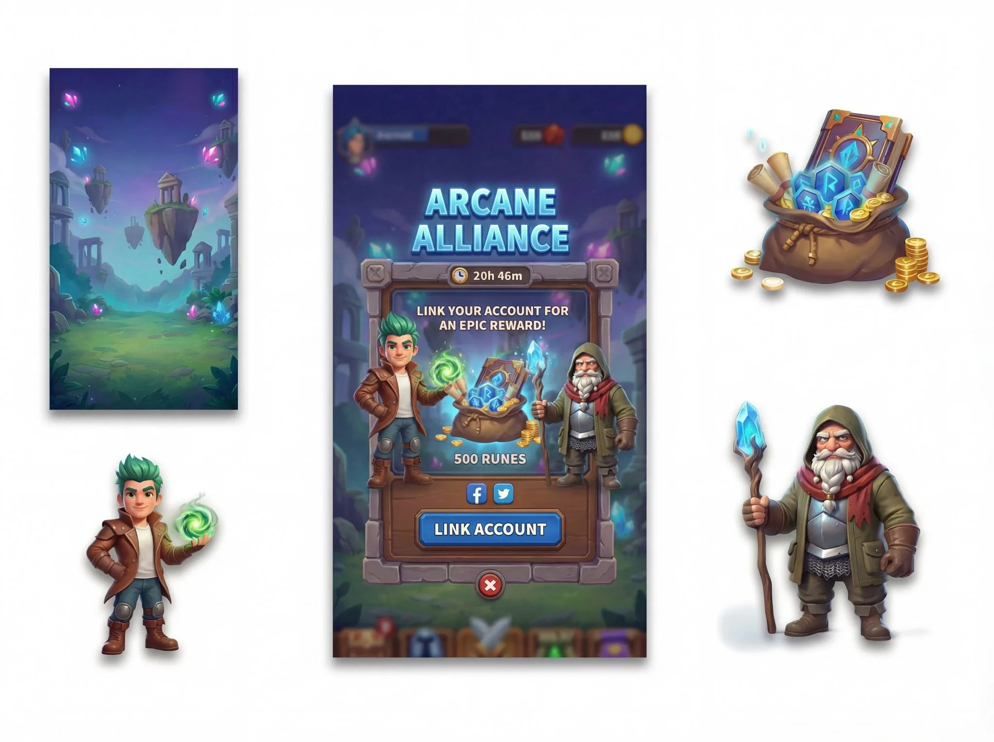 Arcane Alliance mobile game UI showing fantasy characters, reward popup with 500 runes, account linking screen, and magical game assets