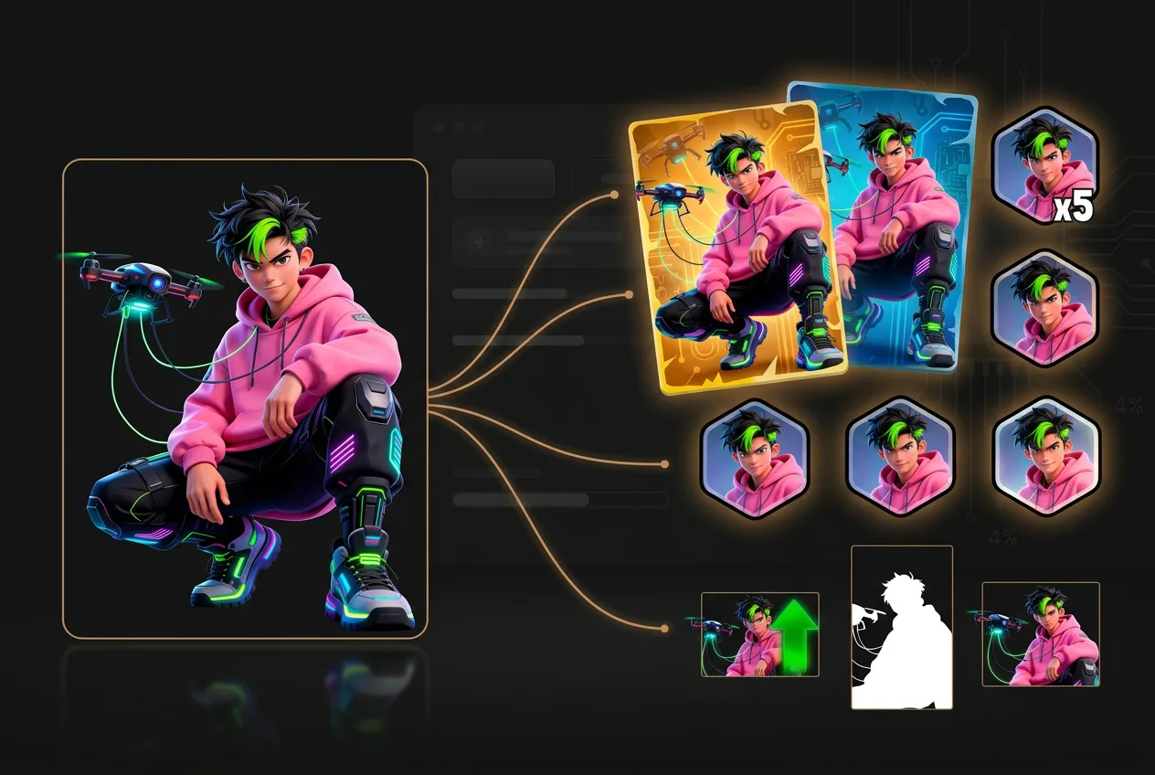 Cyberpunk gamer character in neon pink hoodie with lime green hair holding futuristic gaming weapon, featuring glowing cyan and yellow neon accents