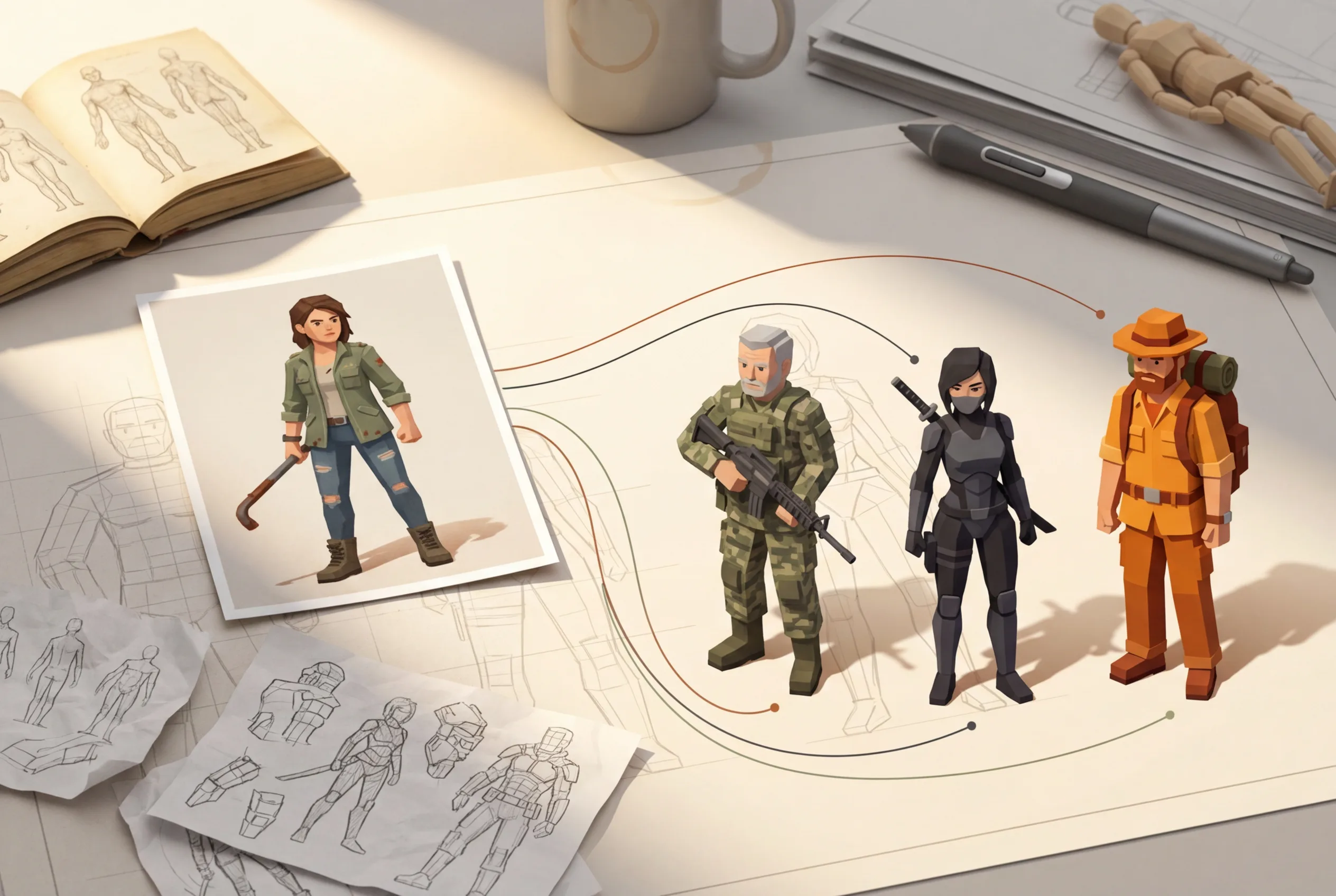 Character design sketches and illustrations of four animated action game characters on designer desk with drawing tools and reference materials