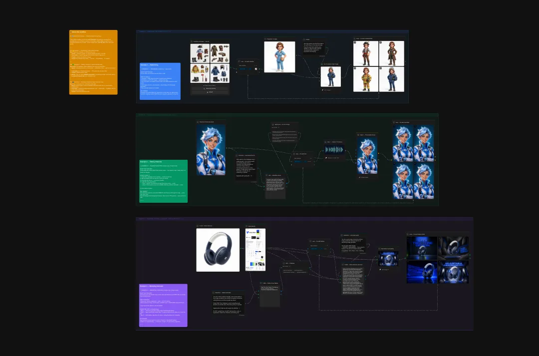 Design presentation flowchart showing product development process with clothing catalog, character illustrations, headphones, and visual assets organized in connected wireframe layout