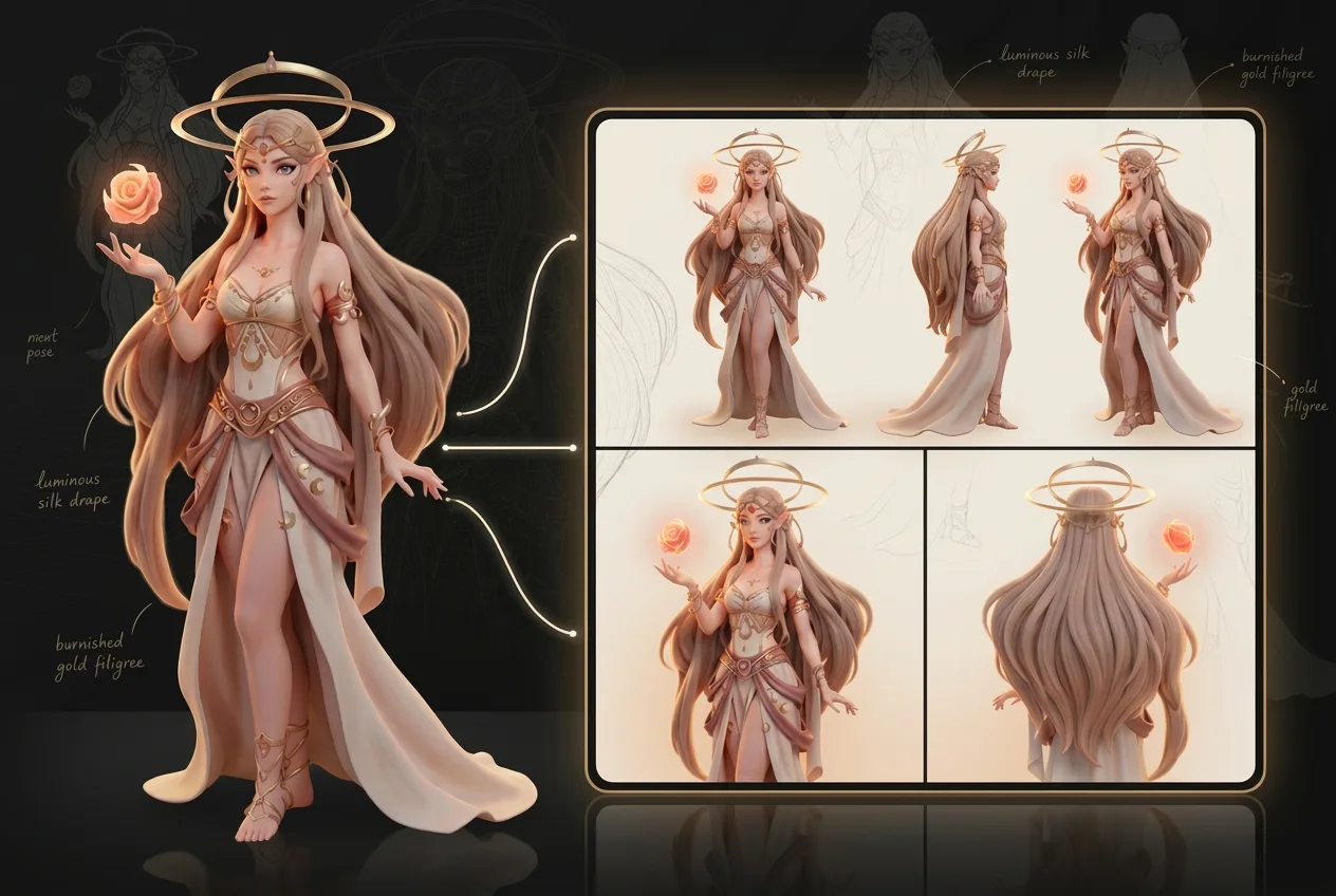 Celestial goddess character design with golden halo, flowing pink silk robes, and glowing orb, shown in multiple poses and angles