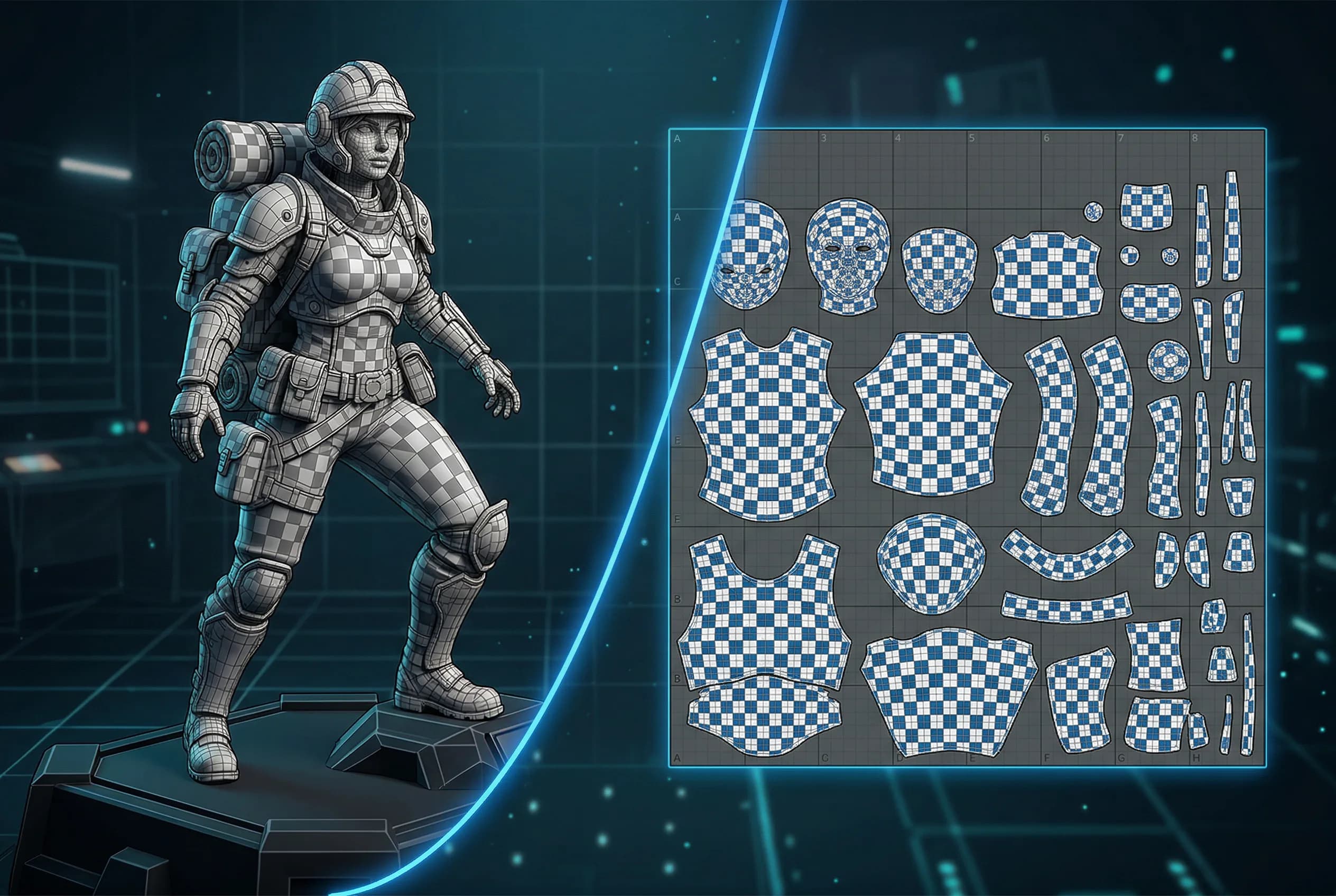 Female sci-fi soldier in advanced exoskeleton suit with character design breakdown showing armor pieces and components on dark cyberpunk background