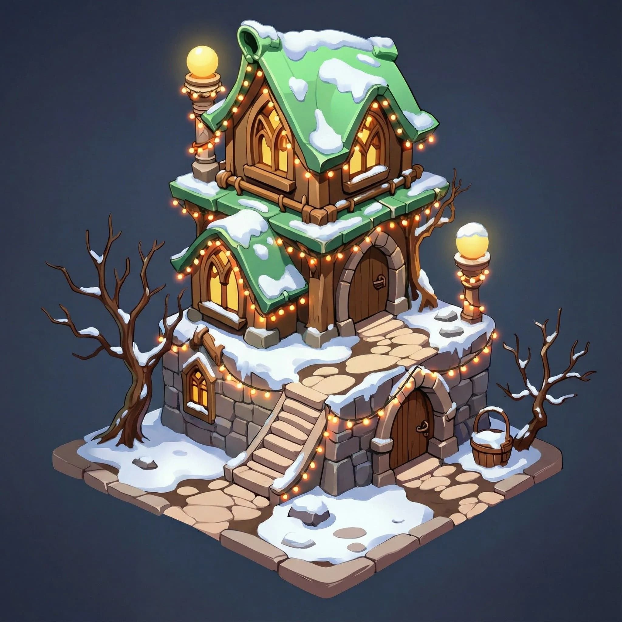 Whimsical three-story fantasy cottage with snow-covered green roof, wooden walls, glowing windows, brass lanterns, and surrounding bare trees in winter game art style