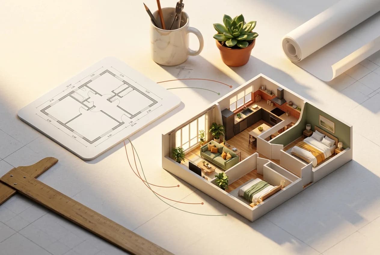 Interior designer workspace with 3D isometric apartment model, architectural floor plan, drafting tools, and office supplies on white desk